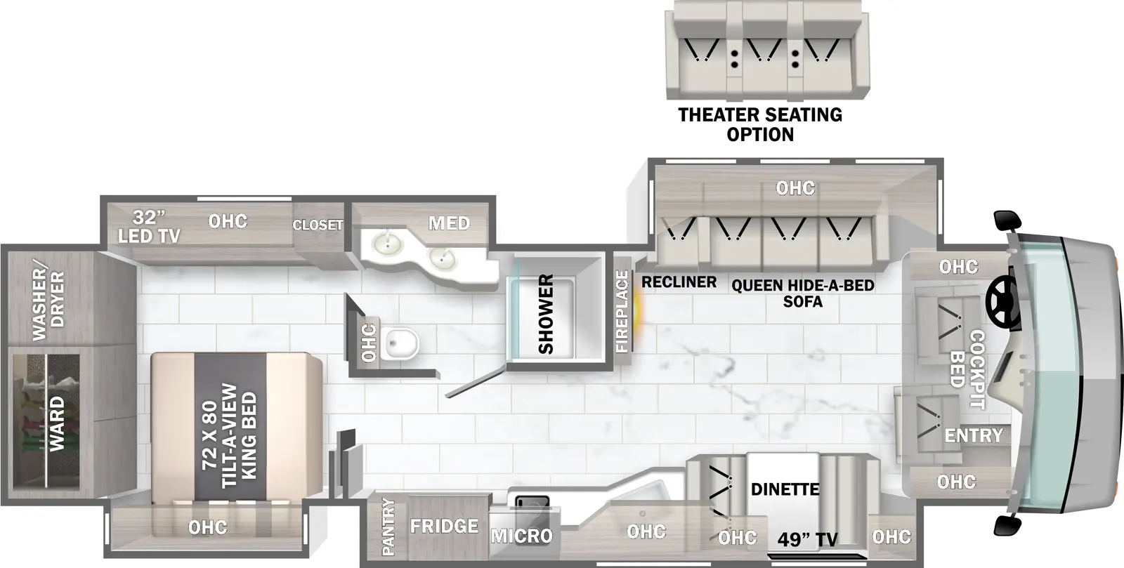 The 37A has four slide outs and one entry. Interior layout front to back: cockpit with entry, overhead cabinets, and cockpit bed; off-door side slideout with queen hide-a-bed sofa (optional theater seating), recliner and overhead cabinet; door side slideout with dinette, TV, overhead cabinets, kitchen countertop with sink, microwave over cooktop, refrigerator and pantry; off-door side front-facing fireplace along inner wall; off-door side full bathroom with two sinks, medicine cabinet and overhead cabinet; rear door side slideout with tilt-a-view king bed and overhead cabinet; rear off-door side slideout with closet, overhead cabinet, and TV; rear wardrobe and washer/dryer.